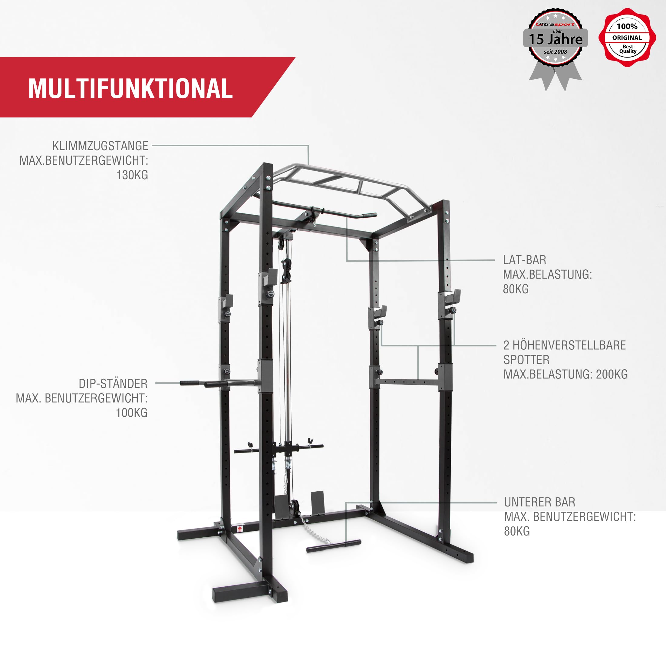 Ultrasport Power Rack, Eignung Zahnstang, multifunktionales Zahnstange für effektives Ganzkörpertraining, massiv Stahlkonstruktion, Perfekt für Anfänger und Profis, Homegym, Eignungturm, Schwarz/Grau