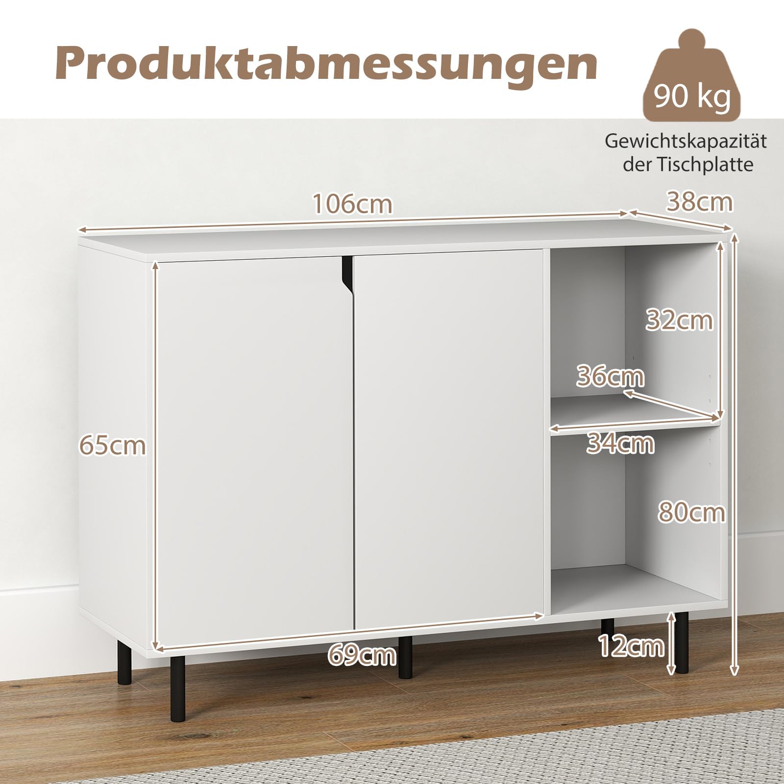 COSTWAY Drewniana komoda z 4 półkami i 2 drzwiami, szafka bufetowa, szafka kuchenna, regulowane półki, nowoczesna szafka, 106 x 38 x 80 cm (biała)