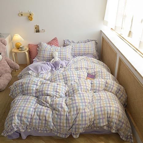 Amazon ギンガムチェック 布団カバー 3点 4点セット 可愛い 寝具カバー 冬用 ベッドシーツ 北欧風 防カビ ふわふわ 防寒保温 シングル 静電防止 寝室 家庭用 床暖房対応 新生活 引越し祝い ギフト パープル 寝具カバーセット オンライン通販