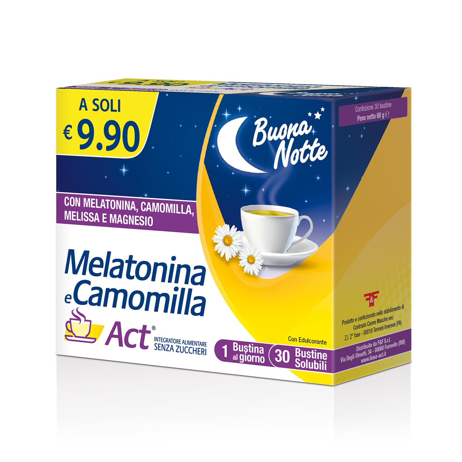 Melatonina e Camomilla Act, Integratore Alimentare Senza Zuccheri, a Base di Melatonina, Camomilla, Melissa e Magnesio, 1 Confezione da 30 Bustine Solubili