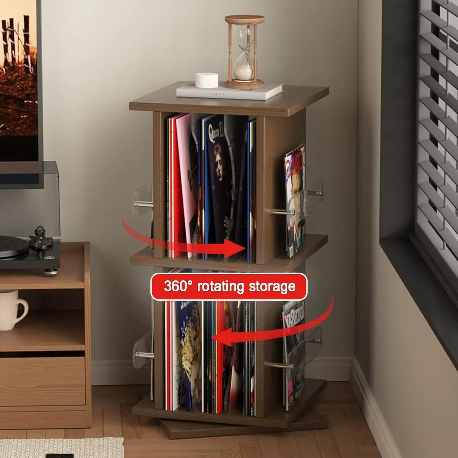 Mobile Porta Dischi In Vinile Girevole A 360°, A 2 Ripiani In Legno Massello, Con Capacità Da 26 A 56 Dischi, Portata Massima 20 Kg, Ideale Per Dischi In Vinile, Libri, Riviste E Cd. A