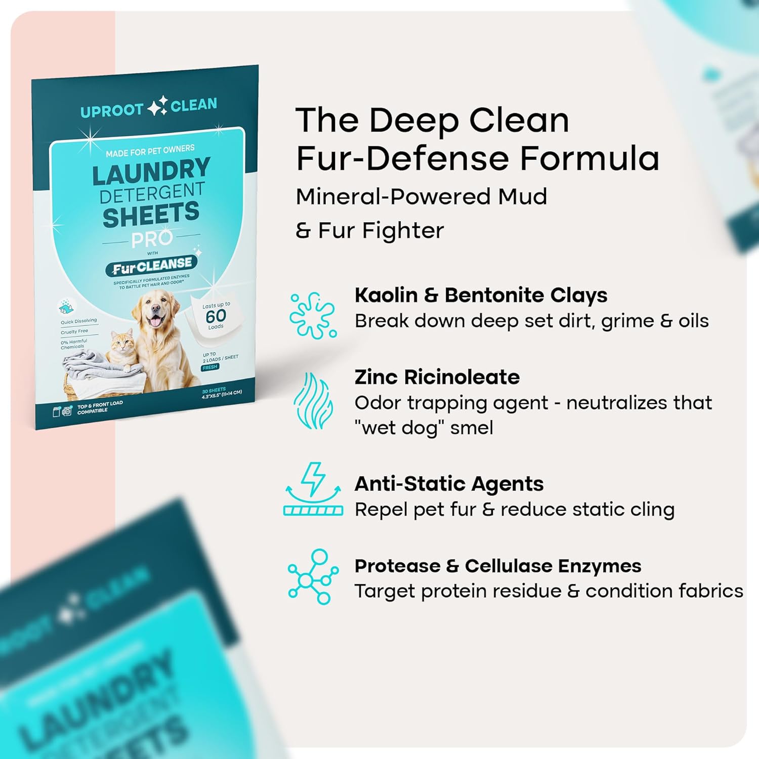 Uproot Clean Laundry Sheets Pro - 90 Pack - Fresh Scent: Mineral-Powered Laundry Detergent Sheets Made in USA - Eliminate Clinging Fur, Pet Odors, & Messy Residue - Up to 180 Loads