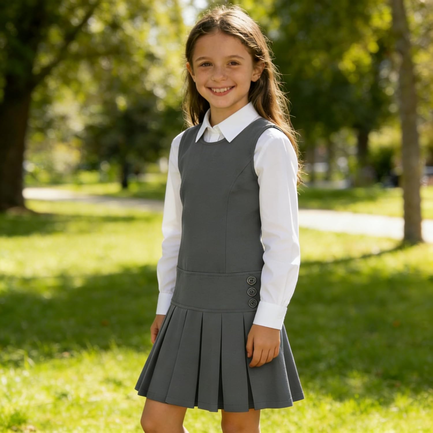 Bienzoe Girls School Uniform Jumper: Stretch Fit Pleated Hem Kids Sleeveless Dress - Image 5