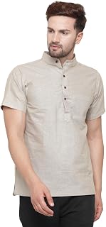 Mens' Solid Grey Self Design Cotton Short Kurta {EAMKC0022}