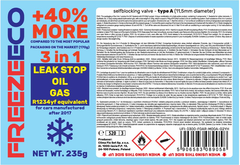 FREEZECO 3 in 1-2 lattine R1234yf refrigerante di ricambio per il riempimento di condizionatori d'aria per veicoli dal 2016, 235 g + tubo di pressione con manometro + adattatore YF