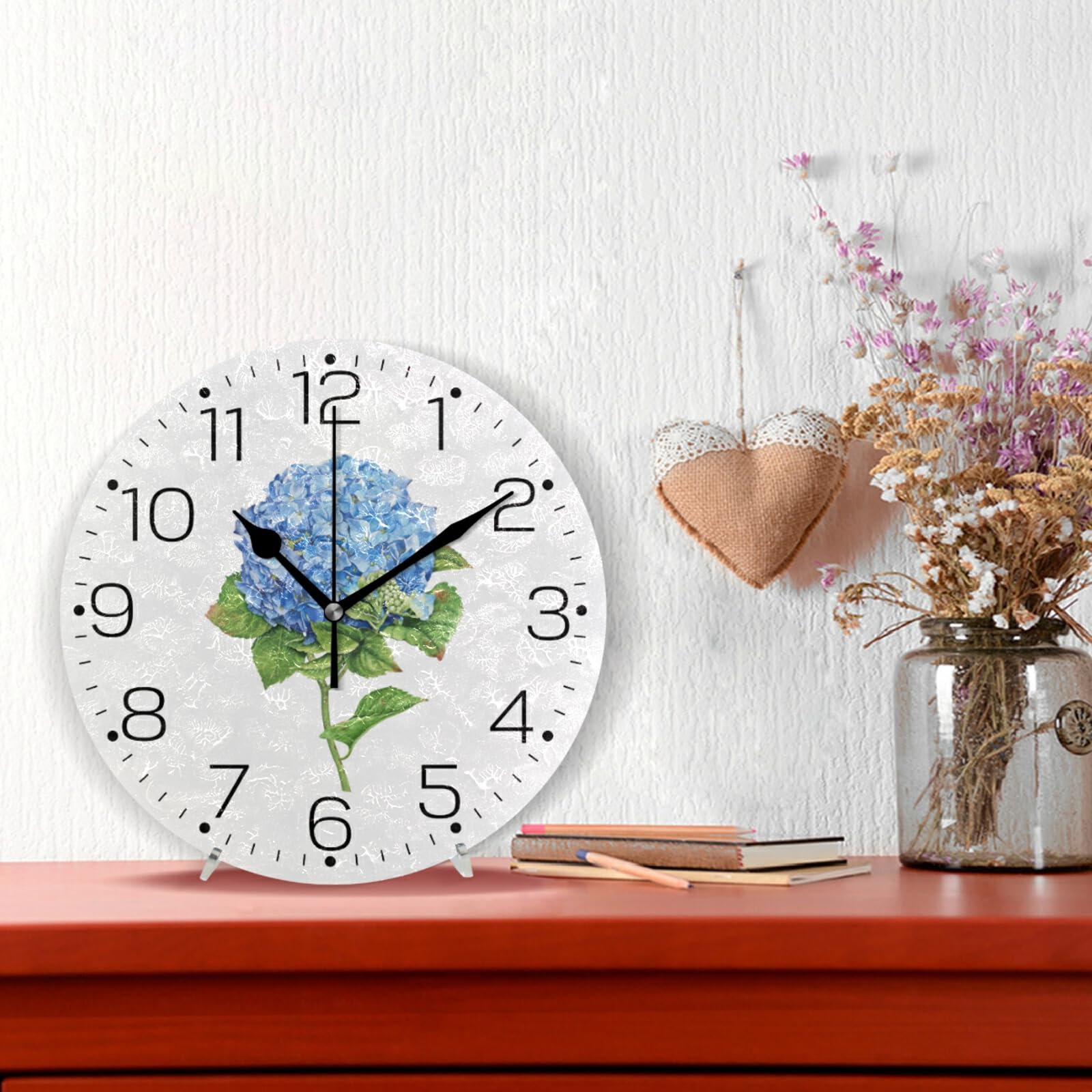 Tarity Blue Hydrangea Flowers Wall Clocks Battery Operated Non Ticking Silent Modern Round Decorative Wall Clock for Living Room Kitchen Bedroom Office School Classroom Farmhouse Decor, Black25x25cm