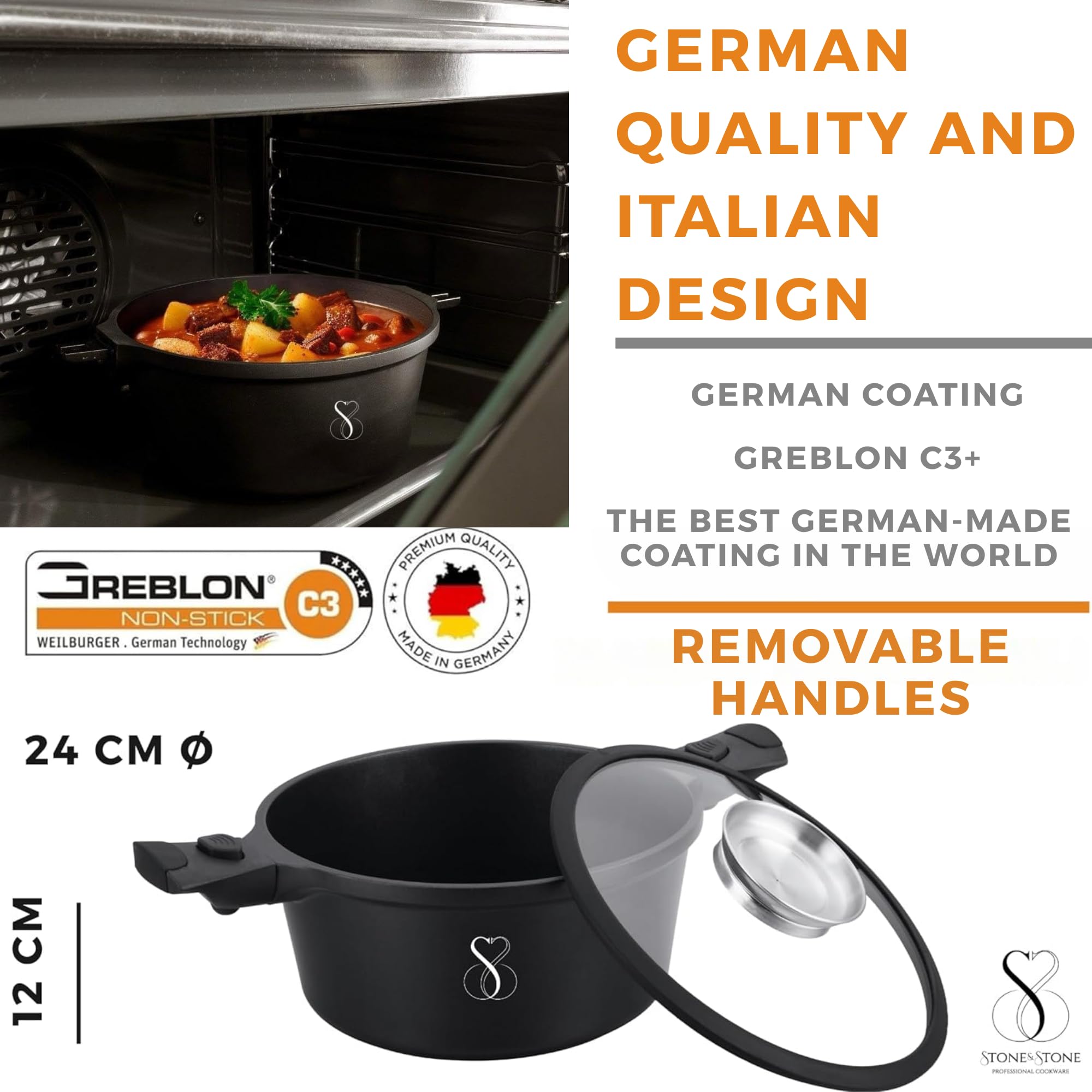 Casserole Antiadhésive 24CM, Façon Pierre en Fonte Aluminium faitout Cocotte Casseroles Revêtement super AntiAdhésif Tous Feux dont Induction four avec Couvercle en Verre Sans PFOA (24CM)