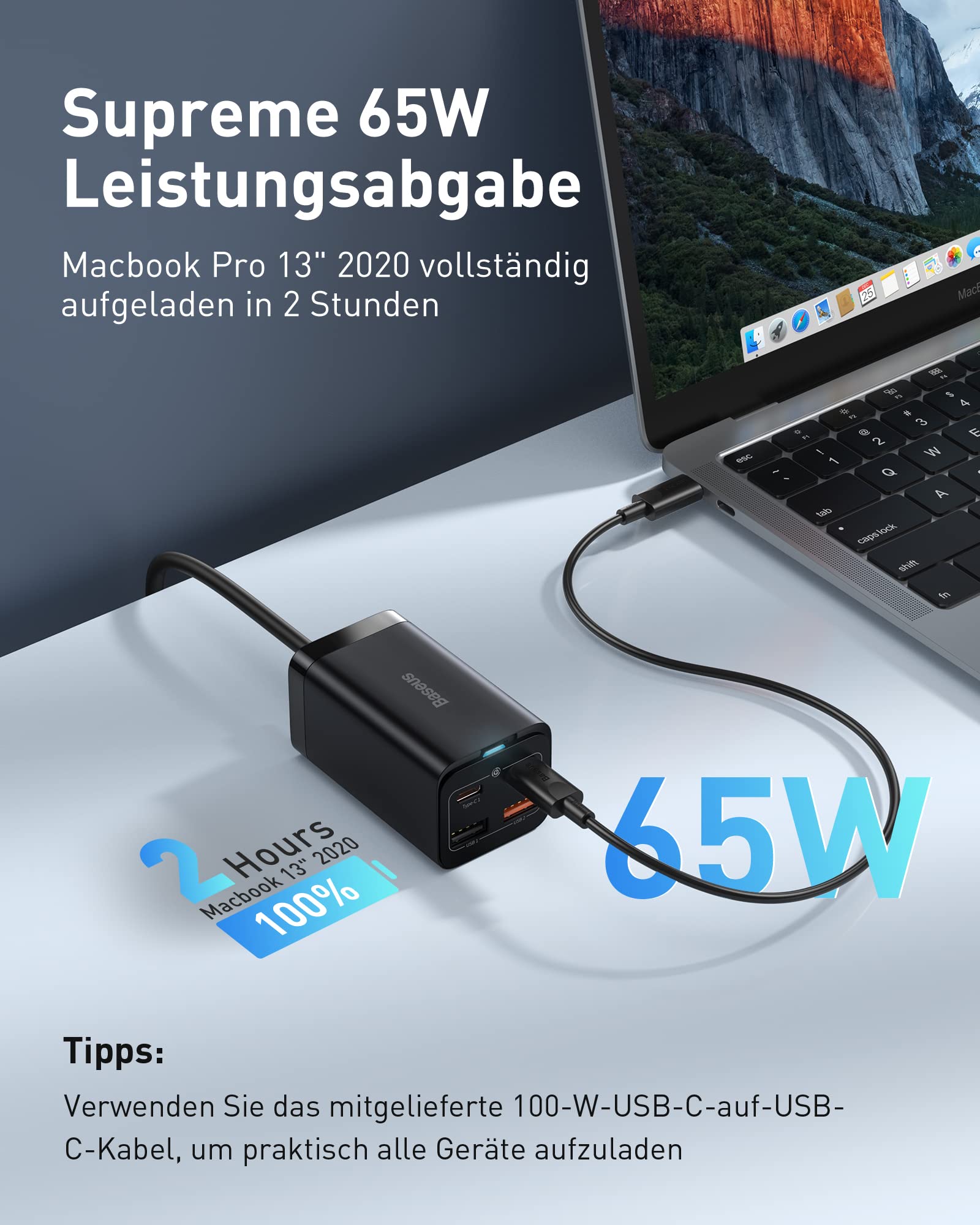 Baseus Szybka ładowarka USB C 65 W, PD GaN3 Fast Wall Block, 4-portowa [2USB-C + 2USB] Stacja ładująca z 5 ft AC Kabel do MacBooka Pro/Air, USB-C Laptop, iPhone 13/12, Samsung Galaxy