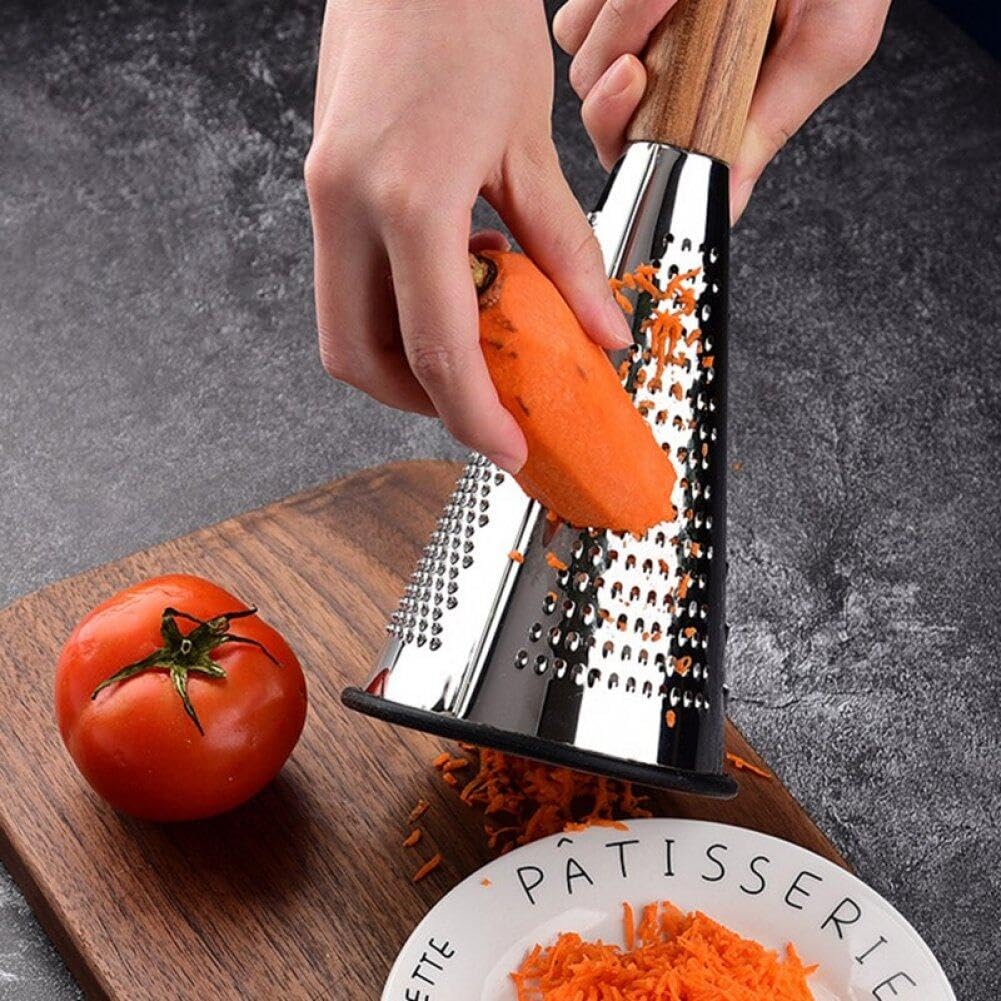 Râpe Conique En Acier Inoxydable Avec Manche En Bois - 3 Tailles De Grilles (grossière, Moyenne, Fine) - Pour Fromage, Légumes, Zeste - Dimensions 25.8x11 Cm