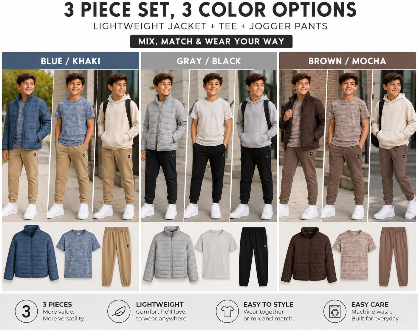RBX Boys 3-Piece Tee, Fleece Jogger Sweatpants & Woven Puffer Jacket (8-12)