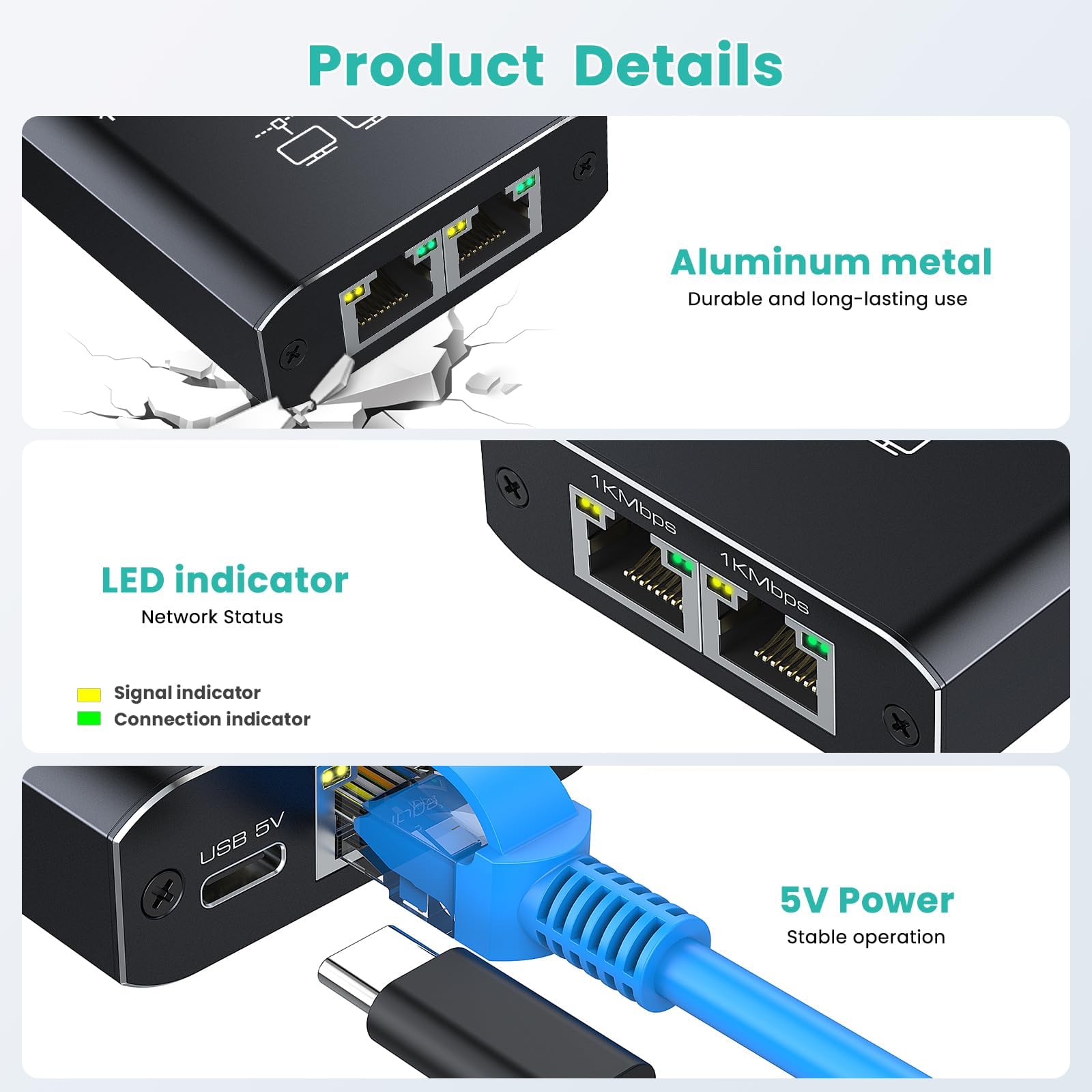 Ethernet Splitter 1 to 2 Out 1000Mbps, High Speed RJ45 Gigabit Network Splitter 2 Port Network LAN Switch with Type-C Power Cable for Computer, Switch, Hub, Set-Top Box, Digital TV,Router,ADSL
