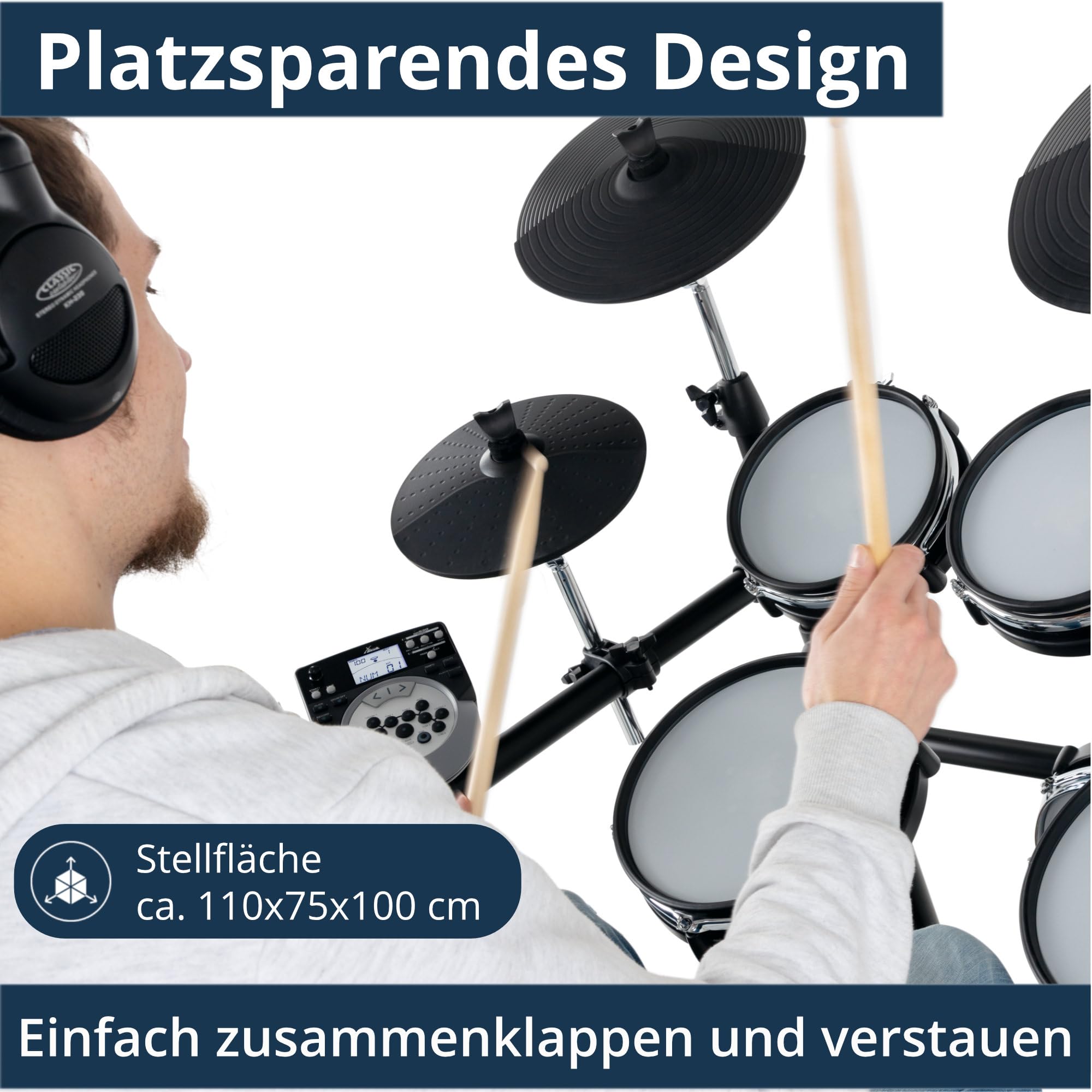XDrum DD-530 E-Drum Set mit Mesh Heads - Elektronisches Schlagzeug mit 3 Becken Pads 4 Mesh Head Pads, 1 Kick Pad und Rack - 45 Drumkits mit 455 Sounds und Lernmodus mit Play-Along Tracks - Schwarz