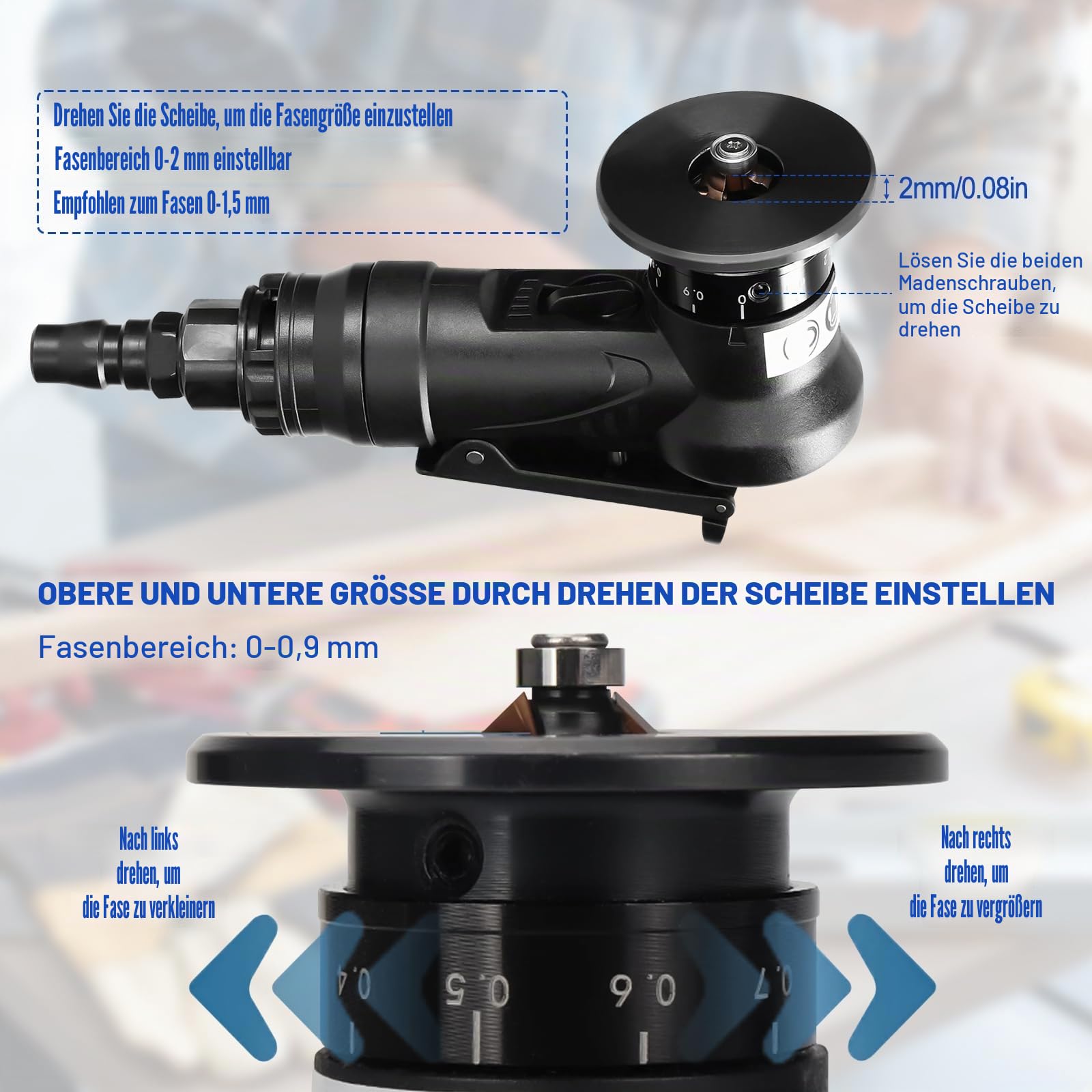 Pneumatische Anfasmaschine 2-in-1 Mini Luftfasenwerkzeug Pneumatisches Anfaswerkzeug Handheld 30000RPM 45° Bogenecke Mini Druckluft Fasenmaschine für Trimmen und Entgraten (C&R Winkelklingen)