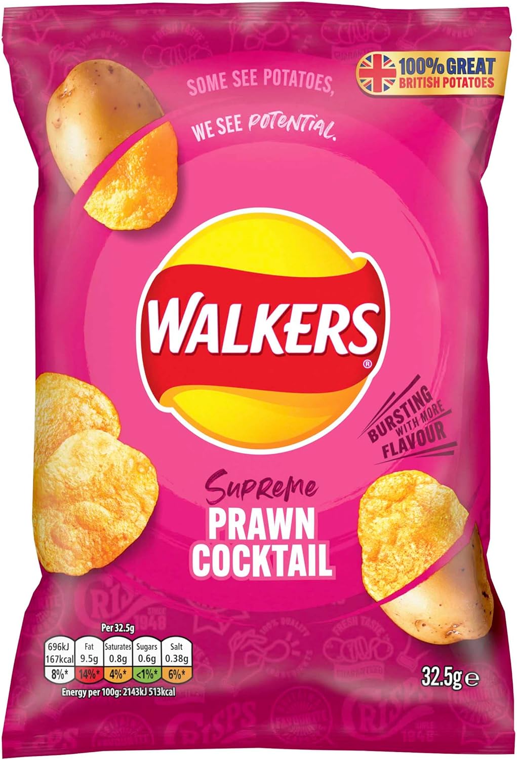 Walkers Crisps All Flavors Fresh Stock 32 x 32.5g (Prawn Cocktail