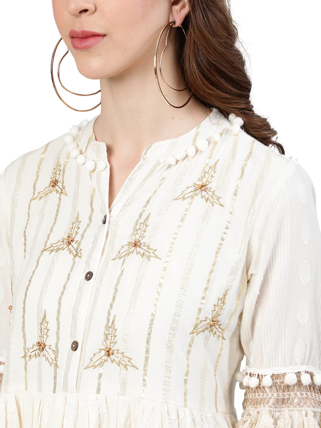 Ishin Women's Off White Pure Cotton Zari Embroidered A-Line Dress