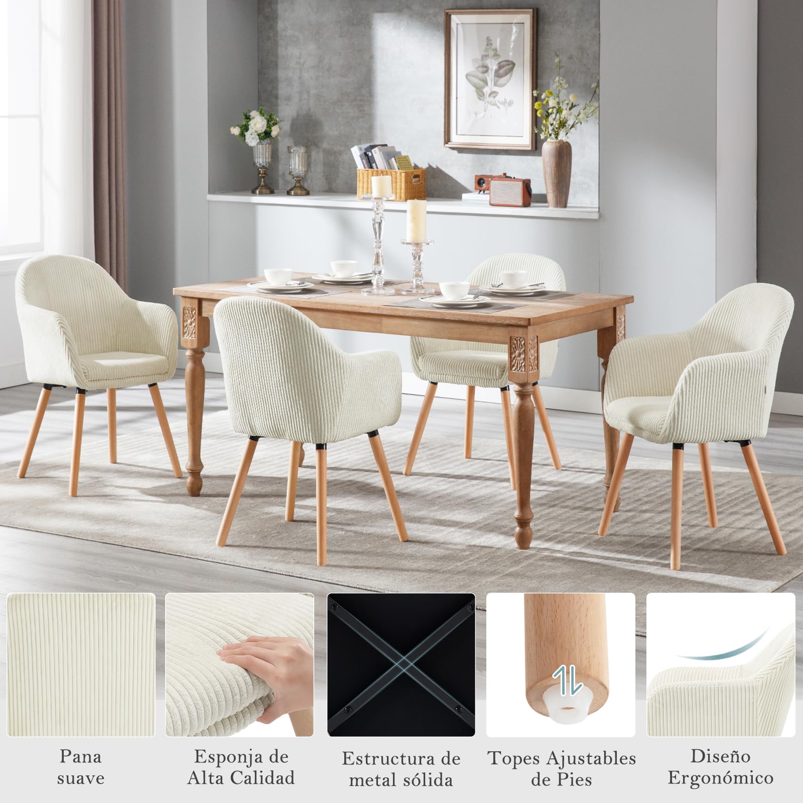 WOLTU Juego de 2 Sillas de Comedo,Terciopelo,Blanco Crema | Respaldo Mediano,cojín Doble Capa,Estructura de Madera,adecuadas para salón y Dormitorio