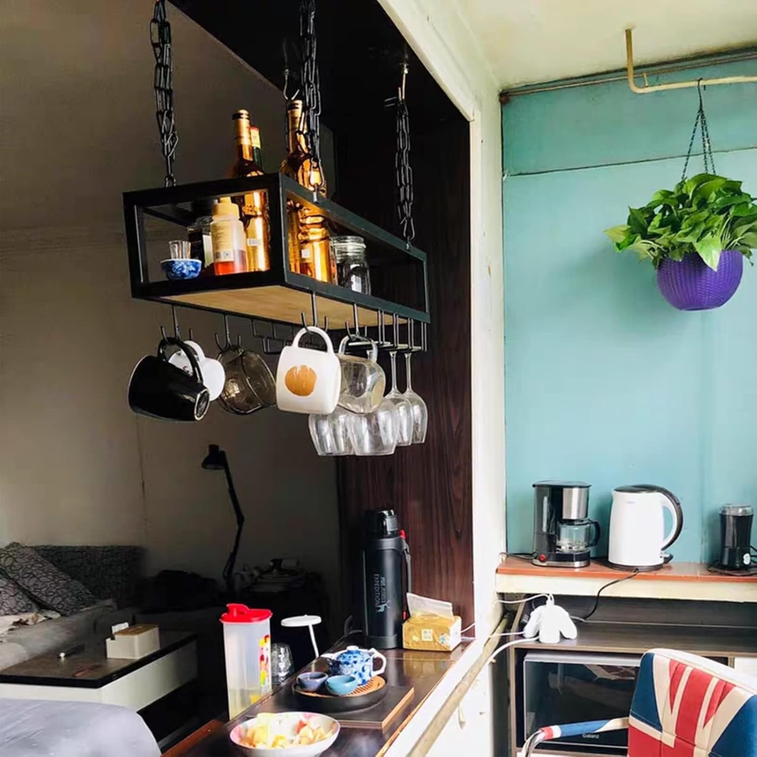 Ceiling Mounted Bar Wine Rack, Hanging Wine Bottle & Champagne Glass Holder, Iron Floating Shelf Organizer for Home, Kitchen, Bar, 120x25x22cm