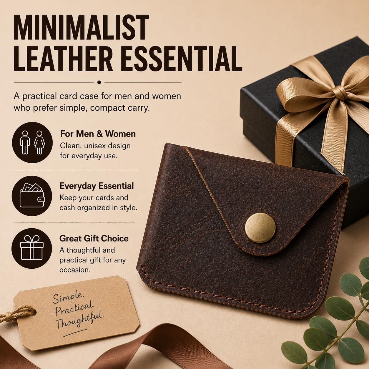 Brown Leather Card Holder Minimalist Wallet Handmade - Slim Credit Card Case with Button Closure - Compact Leather Card Case Holds Up to 4 Cards - Front Pocket Wallet for Men & Women
