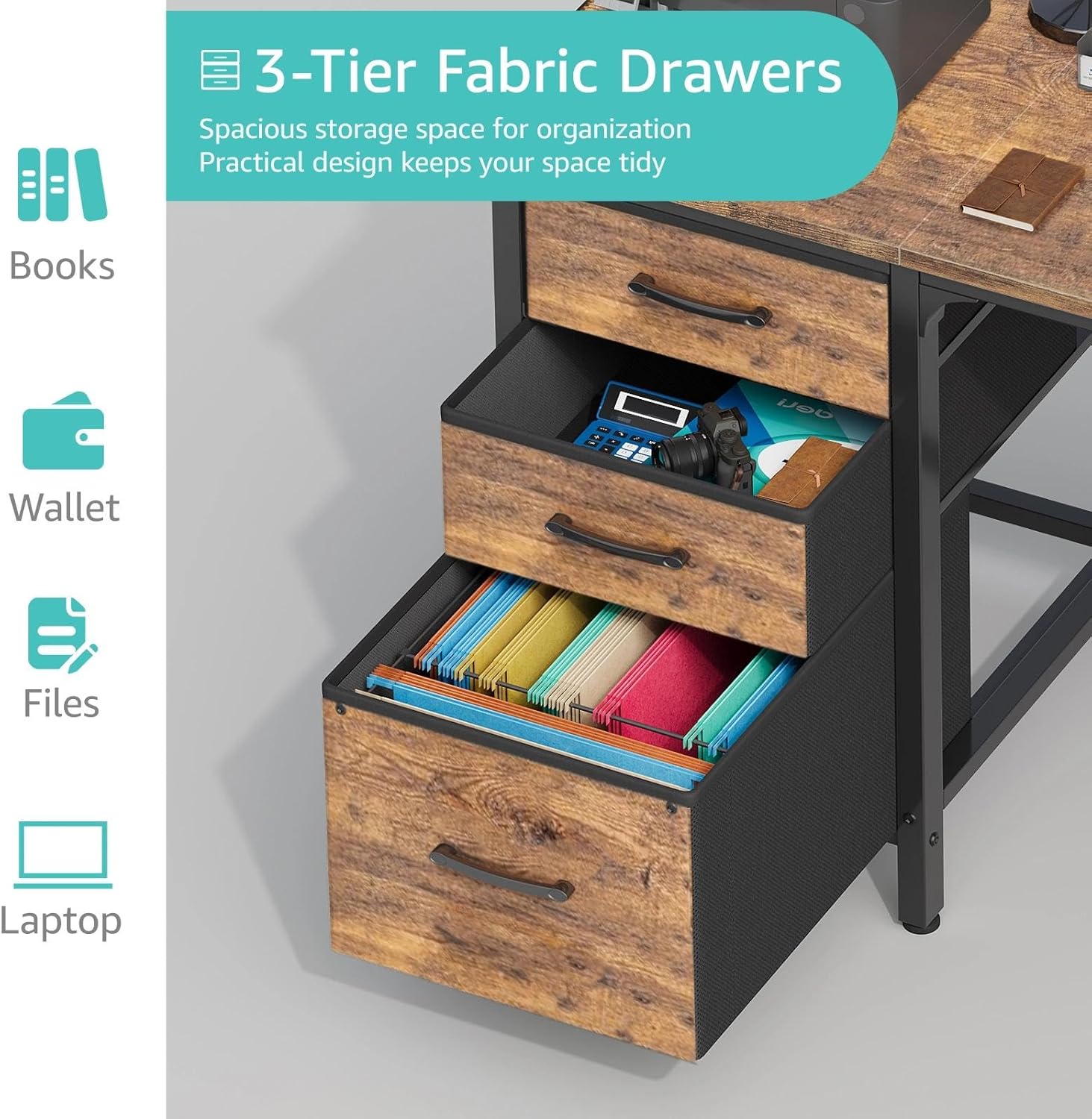 Illustration showing the capacity of the three-tier fabric drawers for books, wallets, files, in prenosniki.