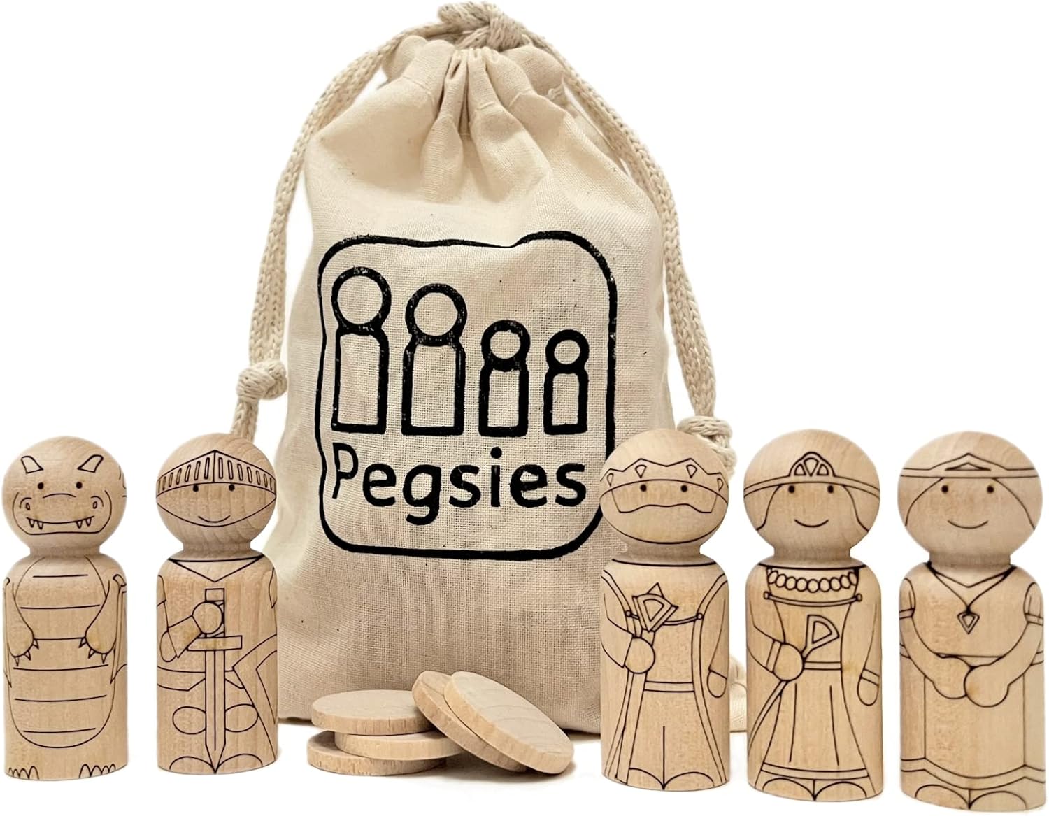 Royal Peg Doll Set - Wooden Characters - King/Queen/Princess/Knight/Dragon - DIY Wood Coloring Craft - Laser Engraved