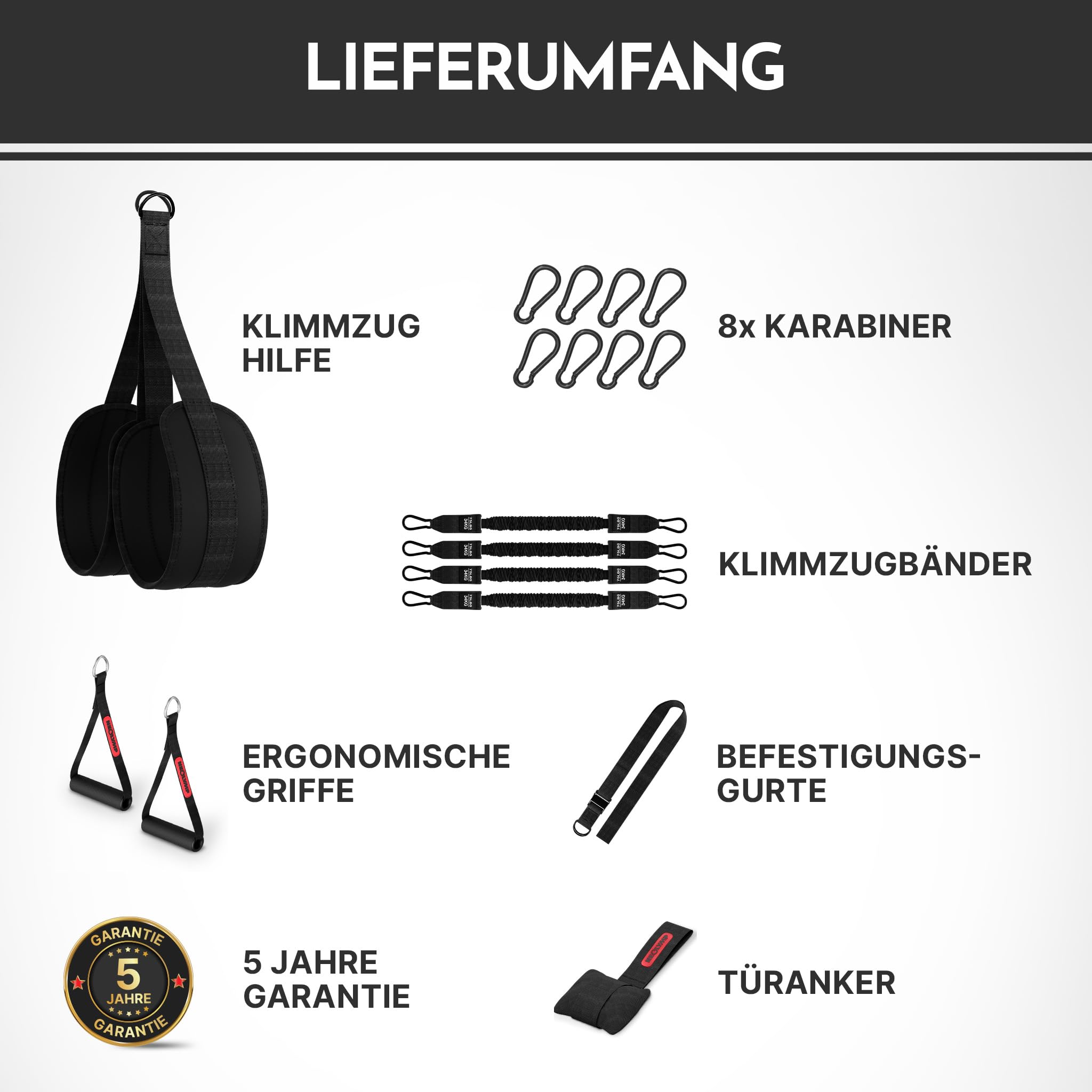 NEOLYMP Klimmzughilfe – kontrollierte Unterstützung ohne Zurückschnellen – 4-Seil-System mit gepolsterten Fußschlaufen, 4X Tube Bands je 34 kg – Klimmzugband Set für saubere Klimmzüge