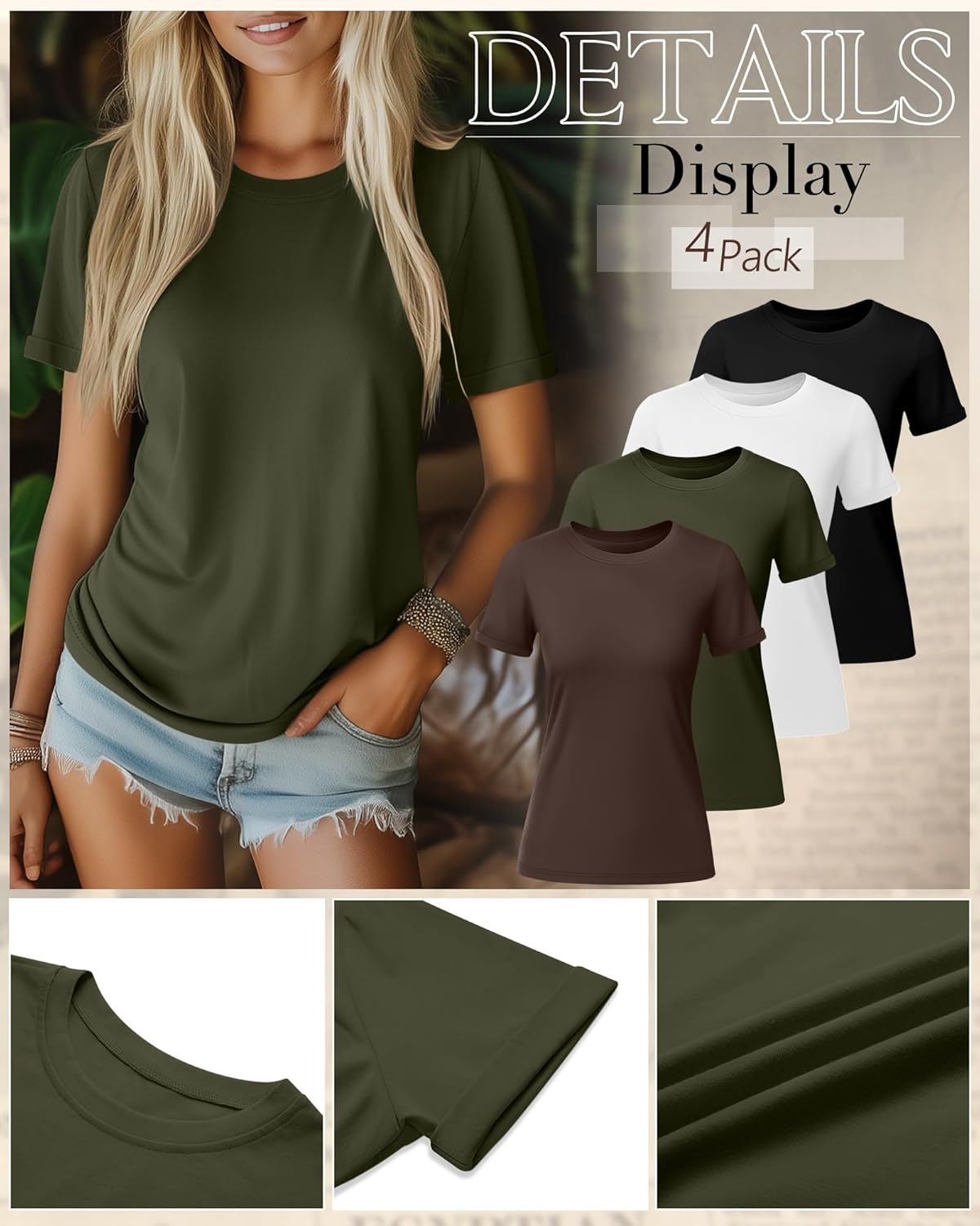 Ficerd 4 Pack Women's Cotton T Shirts Casual Short Sleeve Tunic Tops Crewneck Plain Summer Loose Fit Rolled Sleeve Basic Tee - Image 6