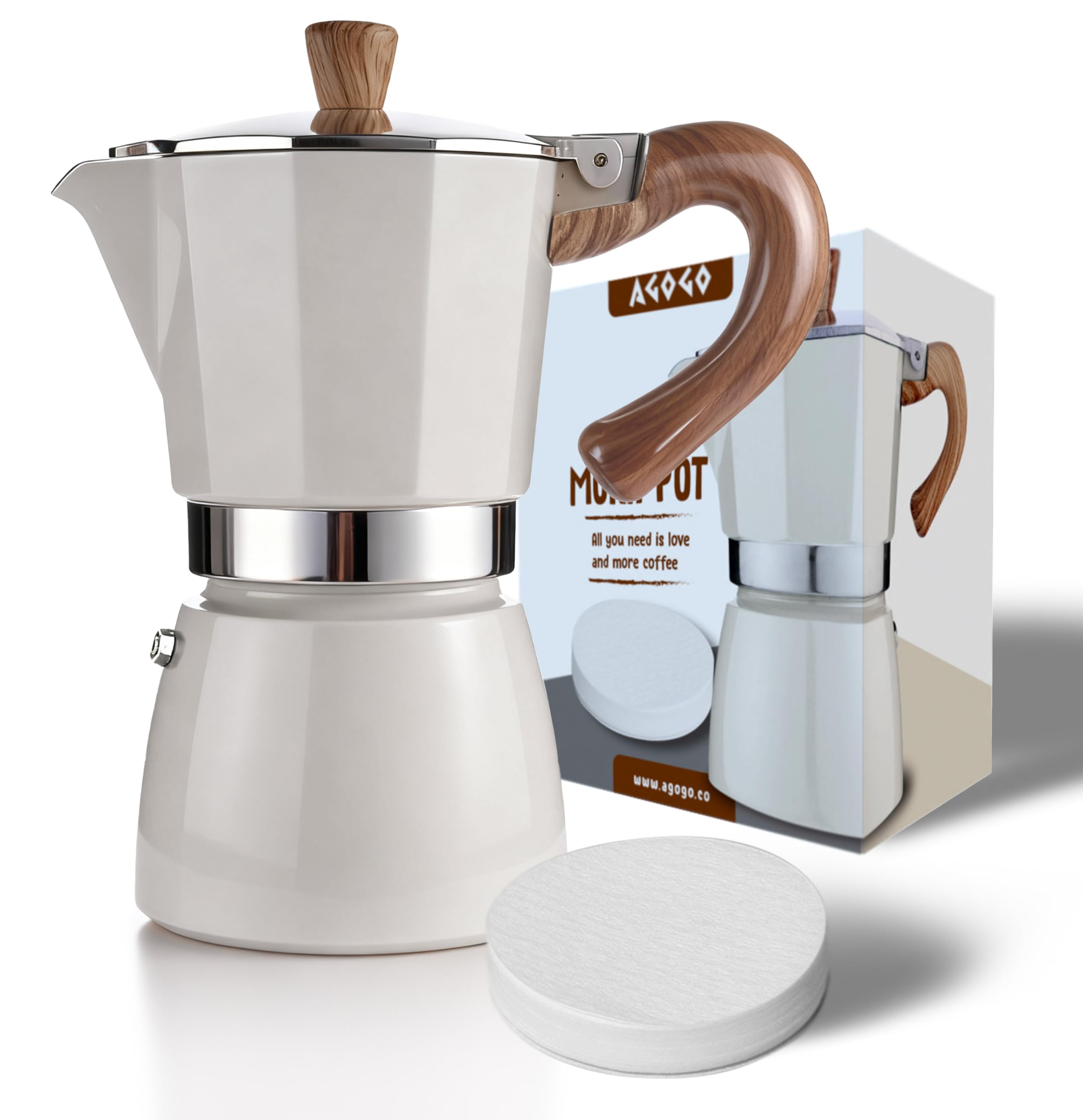 AGOGO Milano - Cafetera Moka, cafetera espresso para estufa, Greca, cafetera turca con filtro de papel, 6 tazas, color crema