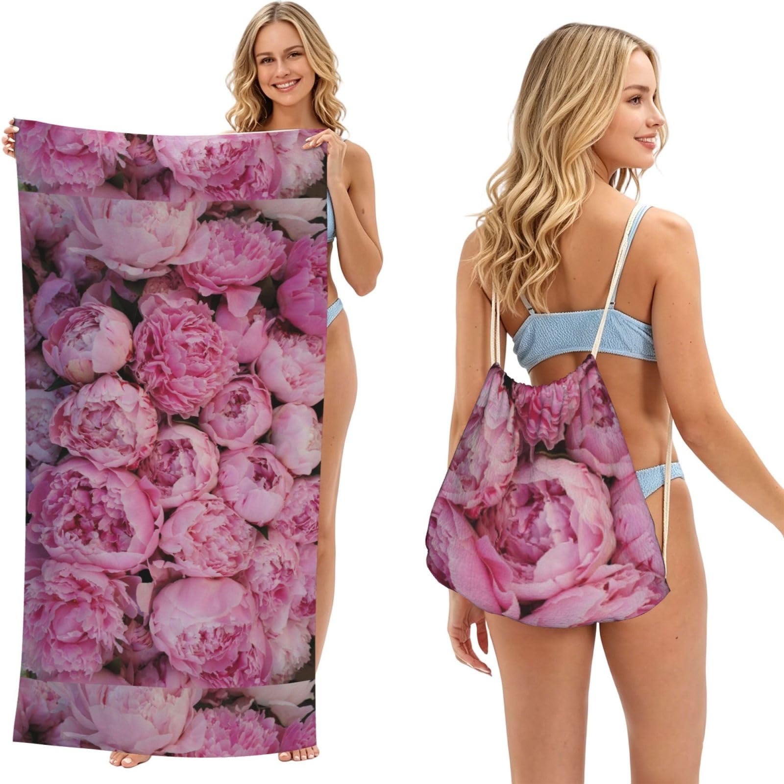 Poadnly As Picture Pink Peony, 2 In 1 Packable Towel Bag, Beach Towels With Drawstring Backpack For Travel Holiday Camping