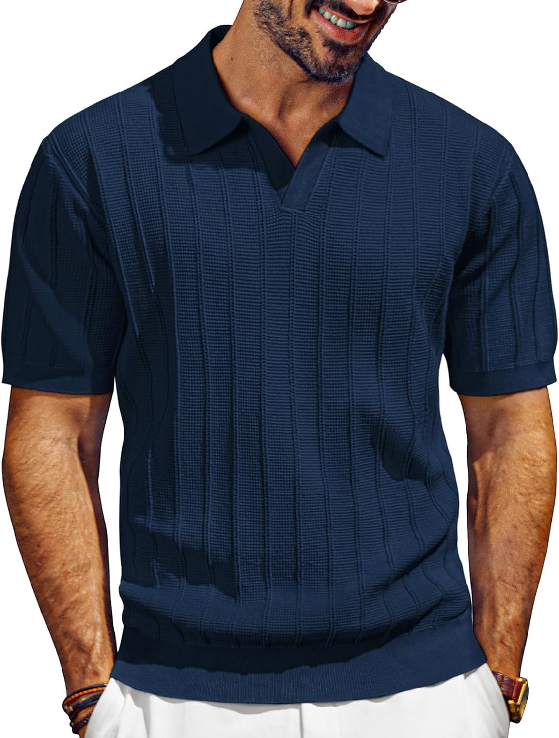 PJ PAUL JONES Mens Polo Shirts V-Neck Knit Polo Textured Summer Shirts