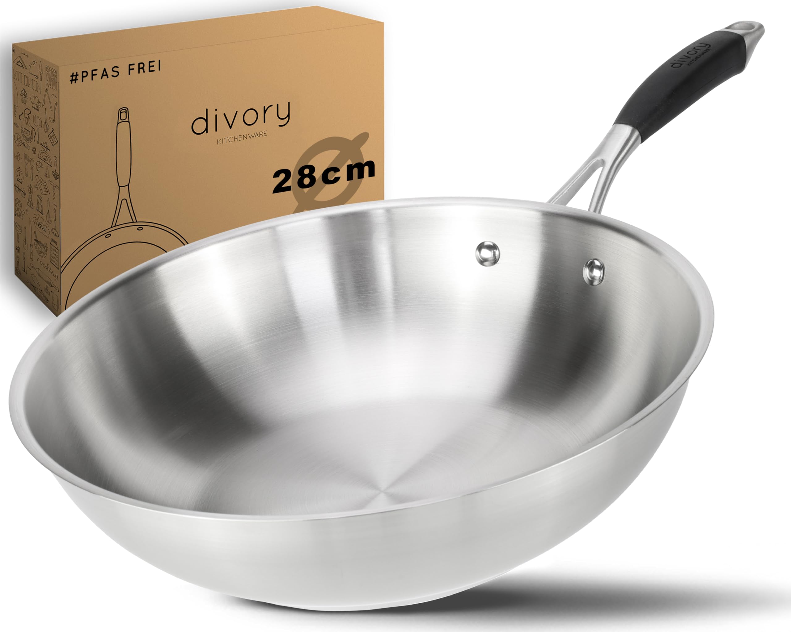 DIVORY Wokpfanne unbeschichtet 28 cm – ohne PTFE/PFOA, Wok Induktion geeignet, für alle Herdarten & Gasherd, große Pfanne aus Edelstahl, spülmaschinengeeignet (PURA, 28cm)