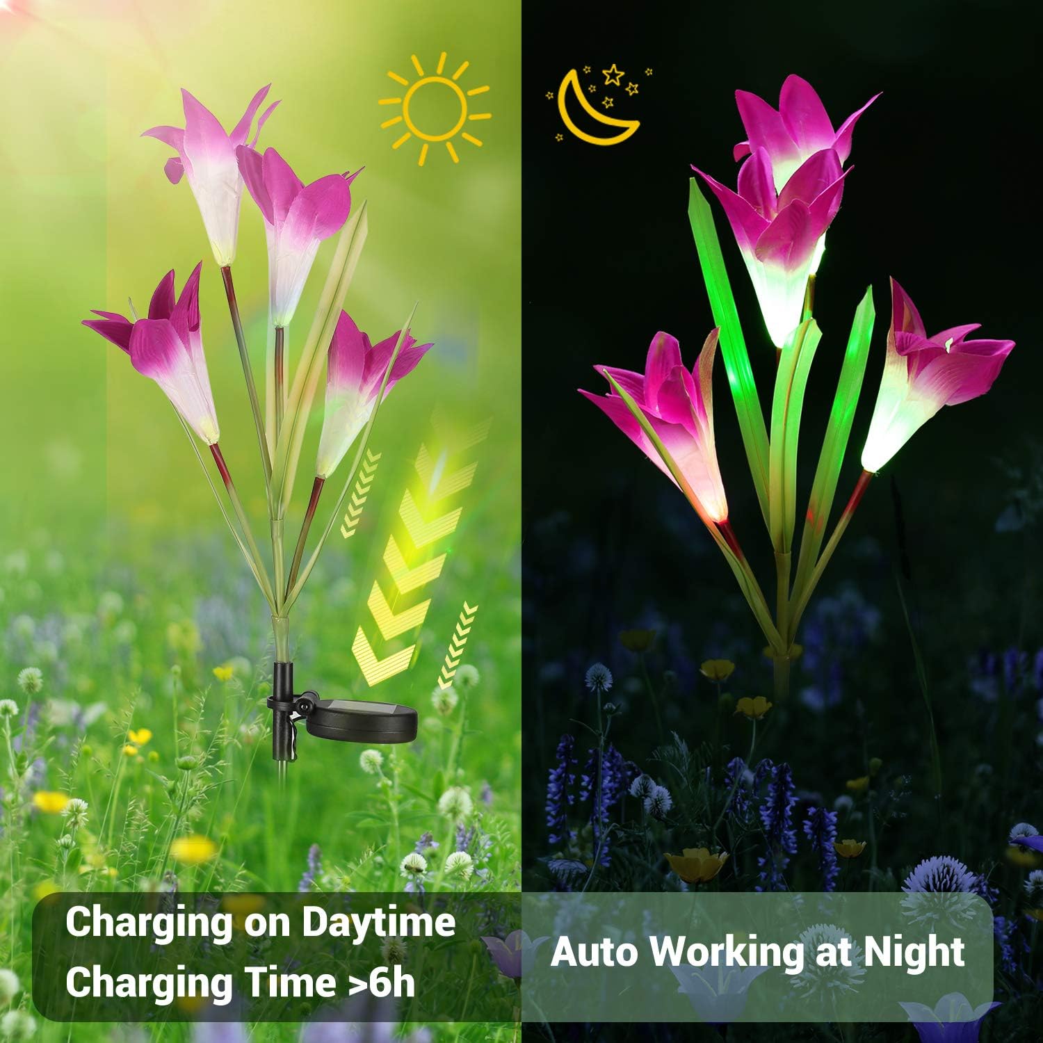 Joomer Solar Garden Lights, 4 Pack Solar Lily Flower Lights Multi-Color Changing Decorative Landscape Lighting Outdoor Waterproof for Pathway,Garden, Patio, Yard, Walkway