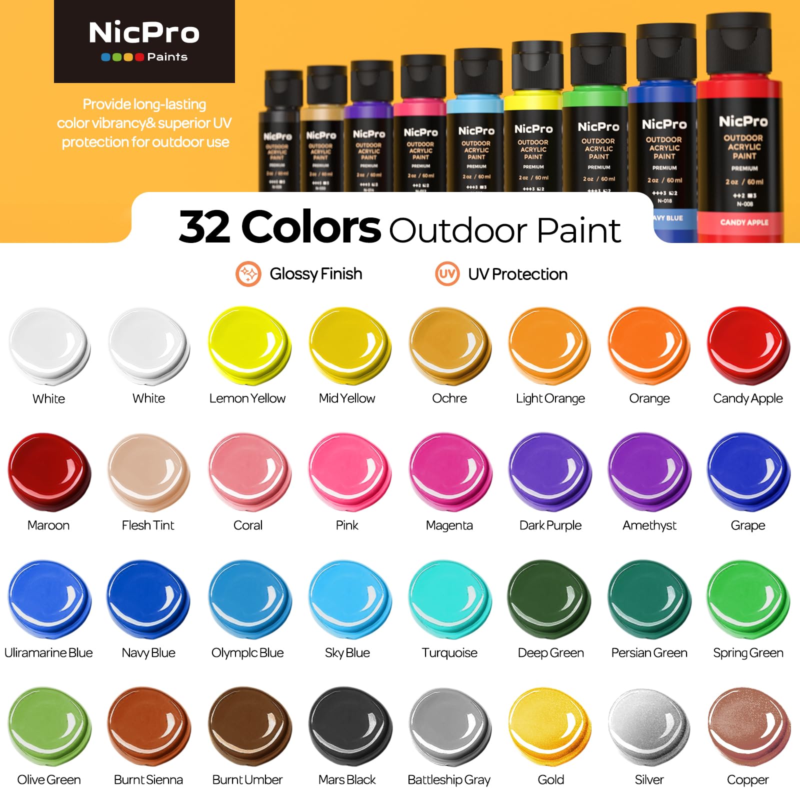 Nicpro Pintura acrílica, juego de 32 colores (2 onzas) Pintura artesanal con 3 pinceles, esponja y cuchillo de paleta, pigmentos ricos pintura de patio para rocas multisuperficie, madera, tela, cuero,