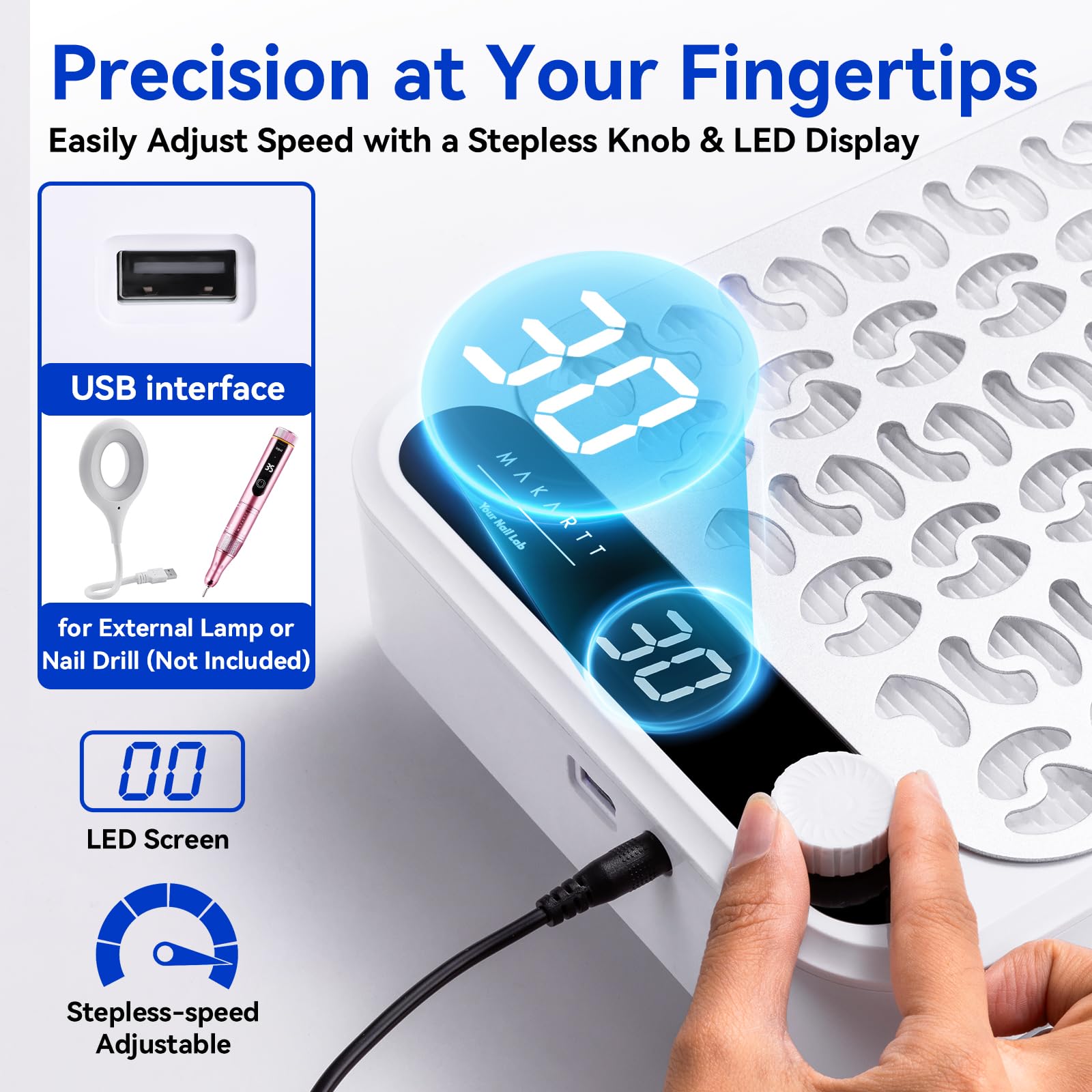 Makartt Aspirateur Ongles Professionnelle - Modèle Larina Forte Aspiration, écran LED, vitesse réglable, filtre réutilisable + grille de protection. Idéal pour limage acrylique, en salon ou à domicile