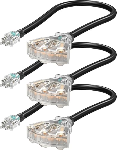 DEWENWILS STW - Divisor de cable de extensión triple de calibre 123 de 2 pies para interiores y exteriores, cable de alimentación resistente de