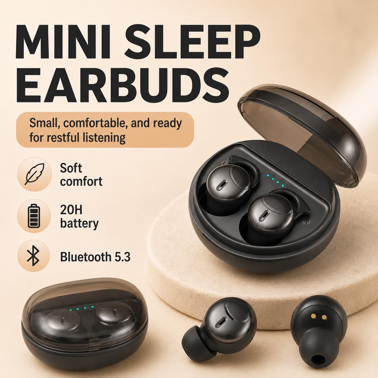 Mini Sleep Earbuds Wireless - IPX5 Wasserdicht, Leichte Schlafkopfhörer Bluetooth 5.3 für empfindliche Schläfer, Schmerzloses & Unsichtbares Design Kopfhörer, Lange Akkulaufzeit (Schwarz)