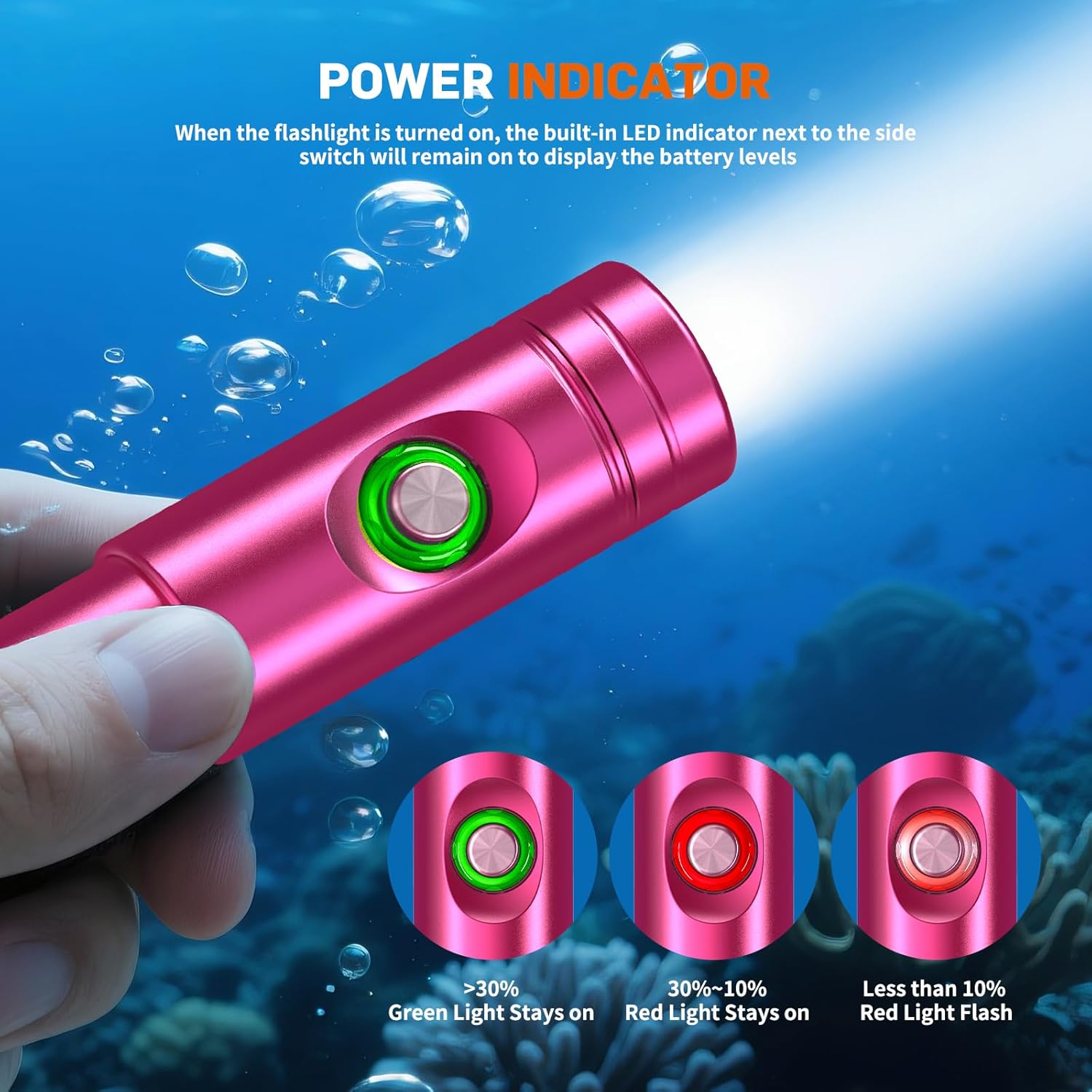 WD12 Dive Light - 1400 Lumens Compact Scuba Diving Backup Light with 3 Modes, IP68 Waterproof Submersible Torch, Underwater Snorkeling Flashlight with Push Button