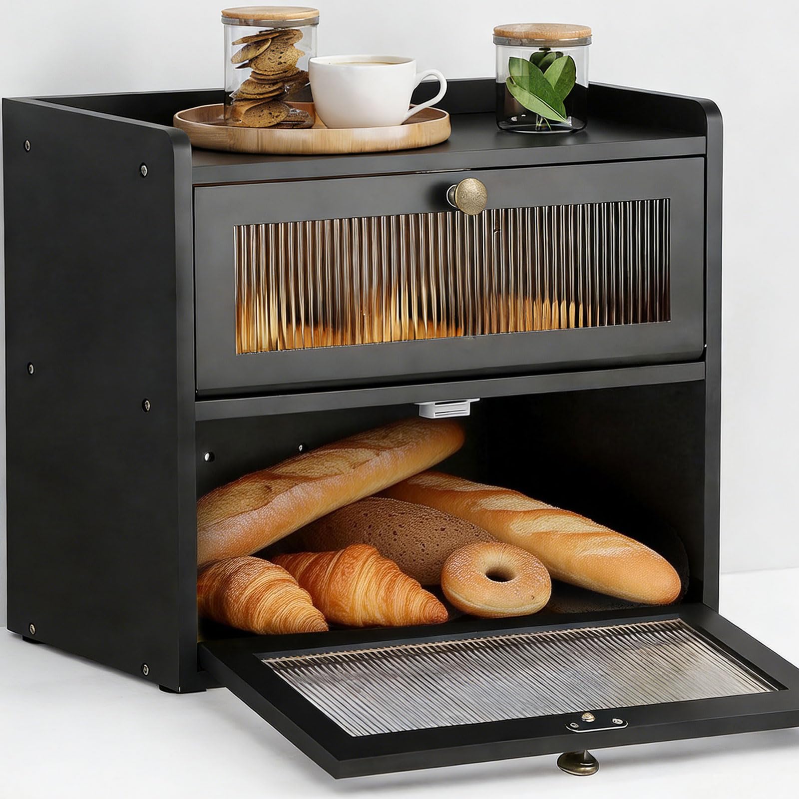 Houbobo Black Double Decker Bread Bin, Solid Wood Bread Box For Kitchen Countertop