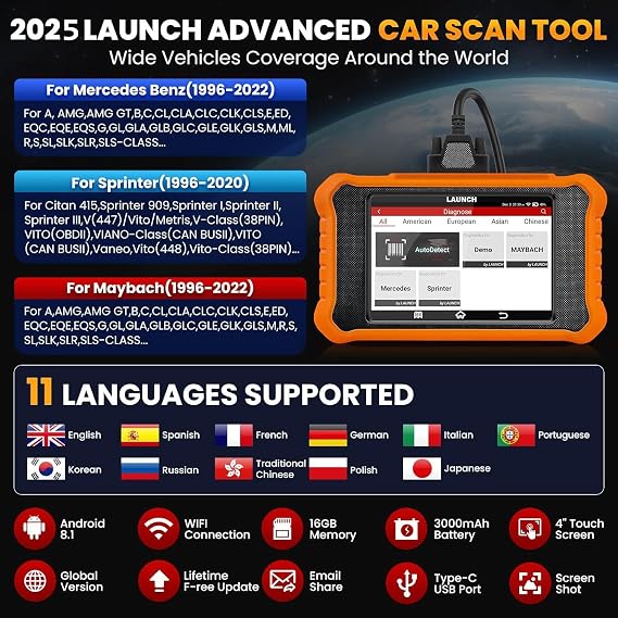 LAUNCH Creader Elite 3.0 OBD2 Diagnostic Tool for Benz/Maybach/Sprinter Same Function as LAUNCH X431 Diagnostic Device 50+ Reset Function Active Test ECU Coding