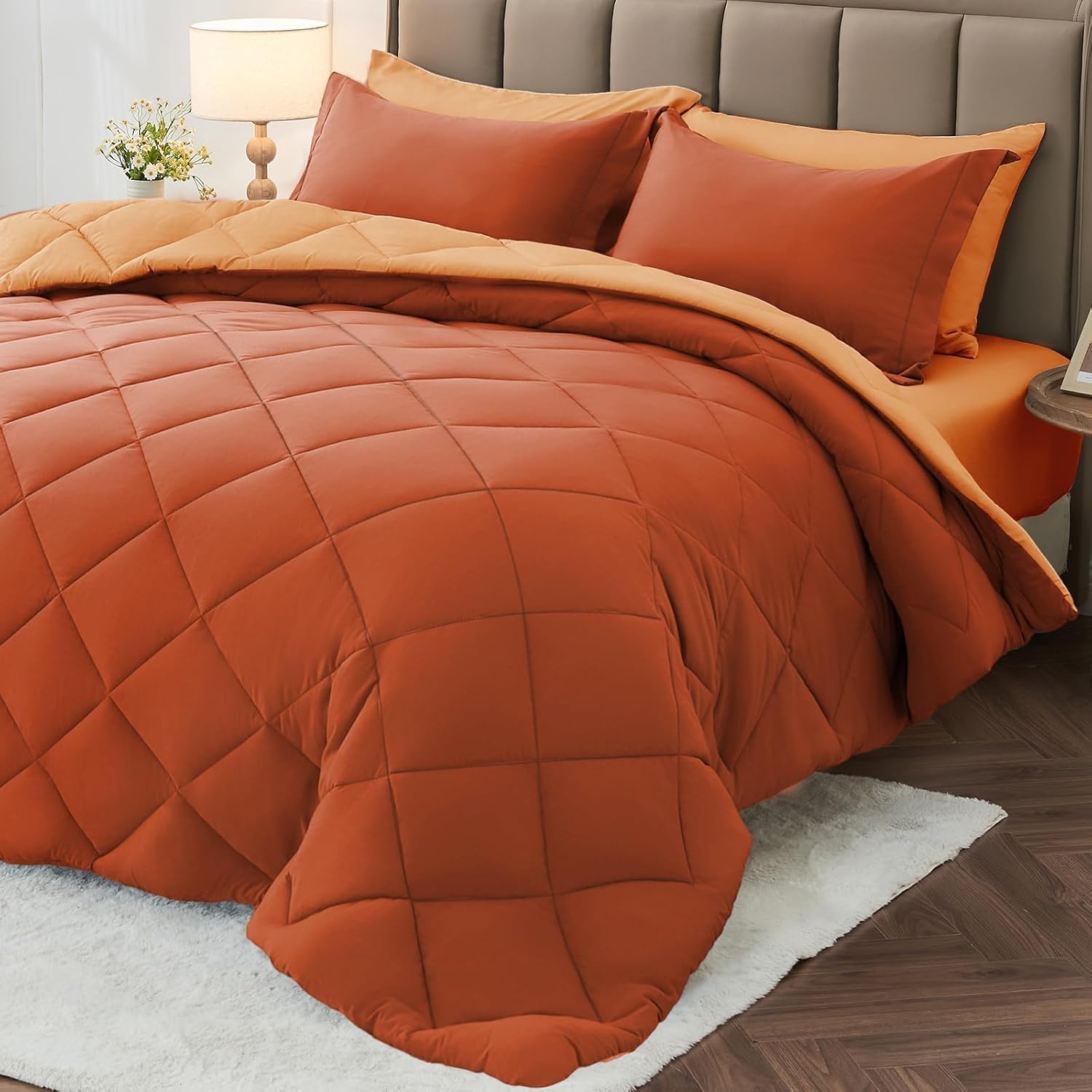 MUXHOMO 5 Pieces Twin Comforter Set, Reversible Bed in a Bag Twin Size, All Season Bedding Set with Comforter, Flat Sheet, Fitted Sheet, Pillowcases & Shams, Burnt Orange & Camel