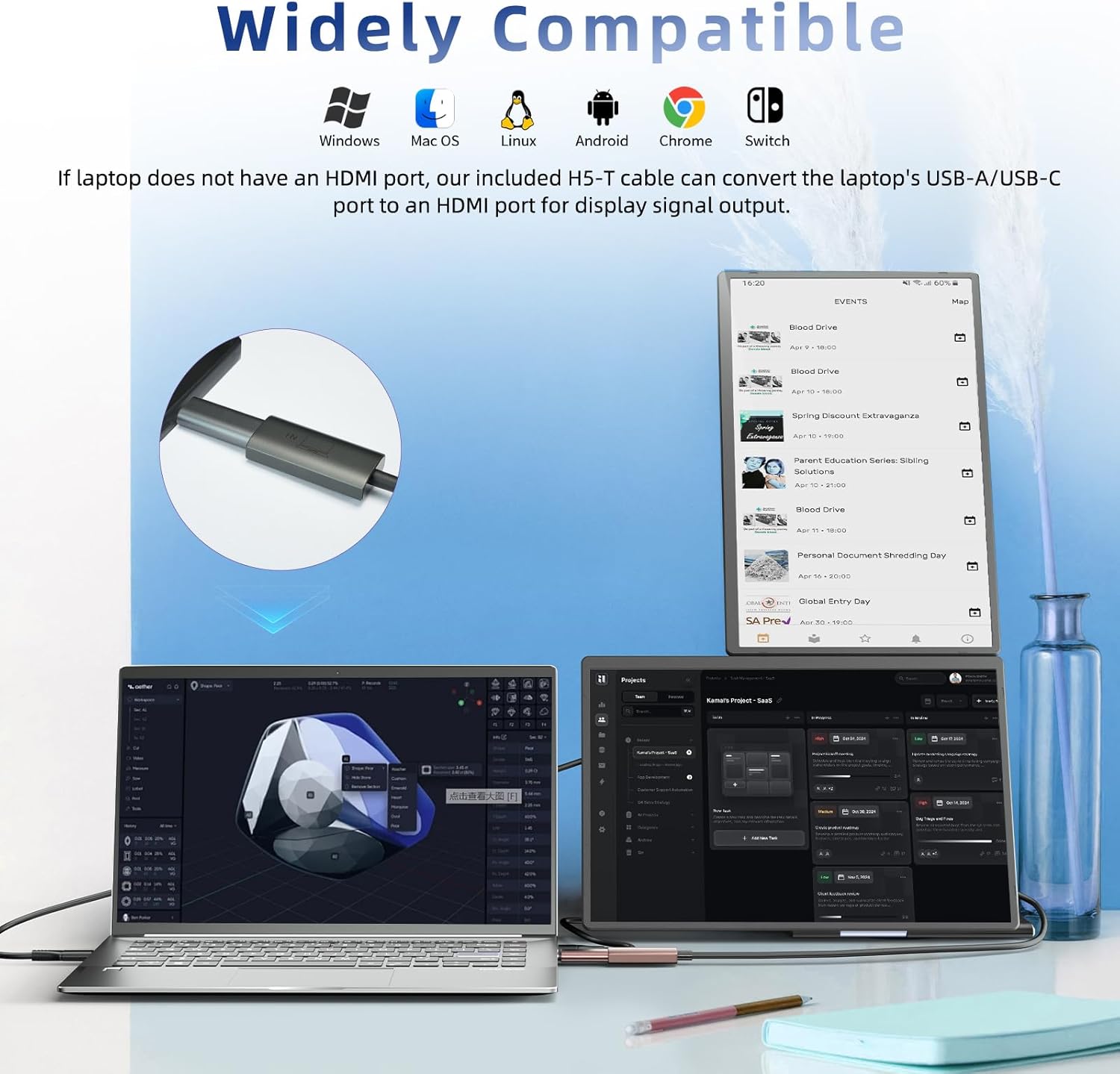 Laptop Screen Extender 2.5K - Updated 16" Triple Portable Monitor 2560x1600P QHD 100% sRGB IPS, Plug & Play, Rotation Detachable Screen Compatible with Mac Wins Dex Chrome Fits 13"-17" Laptops