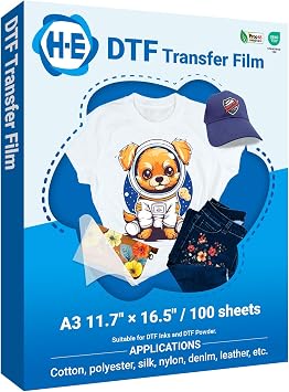 H-E DTF Transfer Film A3 Premium DTF Film Sheet DTF Transfer Film for Inkjet Printer Sublimation - Double Sided, Hot Peel- 100 Sheets/Pack