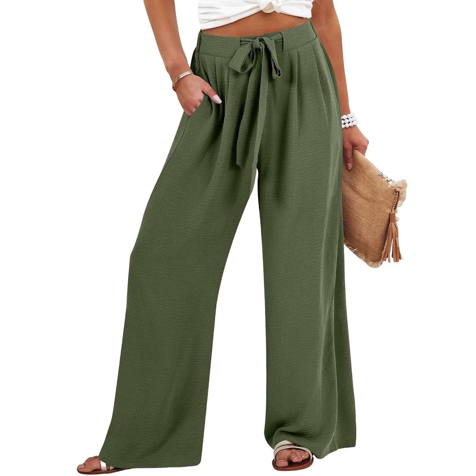 chaktkglok Linen Pants Women Summer Palazzo Wide Leg Pants Dressy Beach Pants High Waisted Trousers Teacher Pants for Women Wide Leg Pants Woman Yoga Trouser Pants for Women Dressy Pants for Women