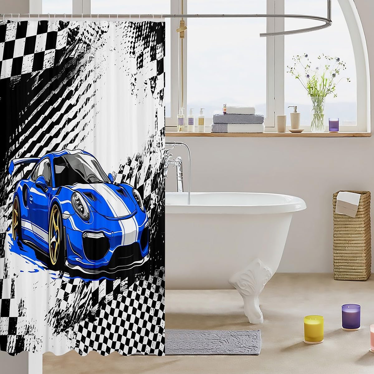 jejeloiu Blue Race Car Shower Curtain for Bathroom Decor 72" L x 72" W for Kids Boys Girls Checkerboard Racing Flag Bath Curtain Cartoon Duvet Cover Bathroom Accessories for Stalls Bathtubs Polyester image 3