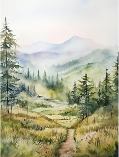 North Conway Poster Art Farm Watercolor Landscape White Mountains Art Print Pine Forest Wall Print, North Conway Photo Decor Farm Watercolor Landscape White Mountains Decor,284