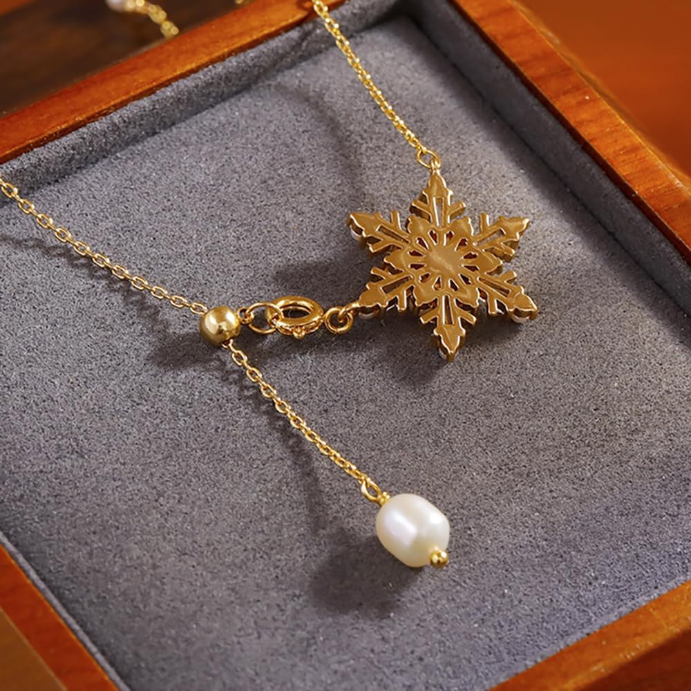 Kokoma Elegant Gold Pearl Snowflake Necklace for Women, Crystal Cubic Zirconia Pearl Dangling Winter Flower Pendant Choker Link Chain Necklace for Christmas Holiday - Image 6