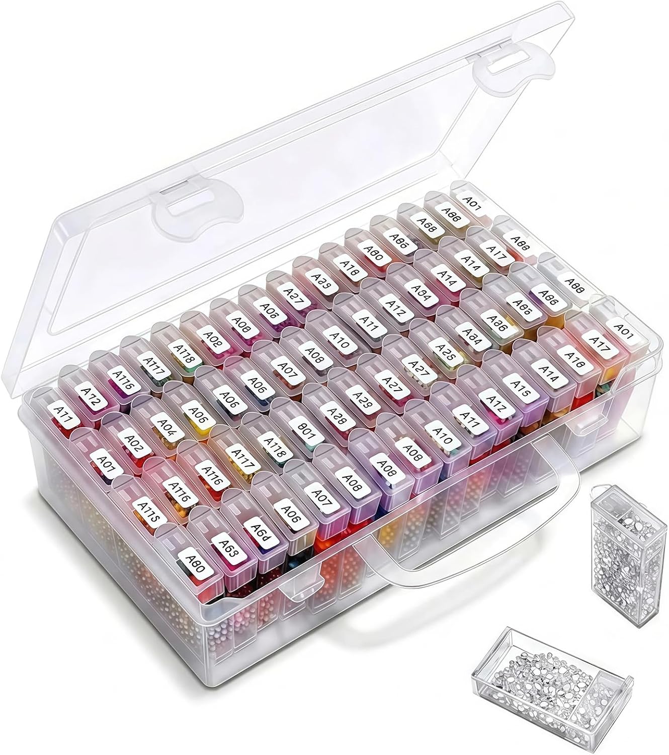 64 Grid Diamond Painting Storage Containers - Portable Transparent Diamond Art Storage with Adjustable Dividers & Sticker Labels for Art Kits, Beads, DIY Crafts, Jewelry Making Accessories