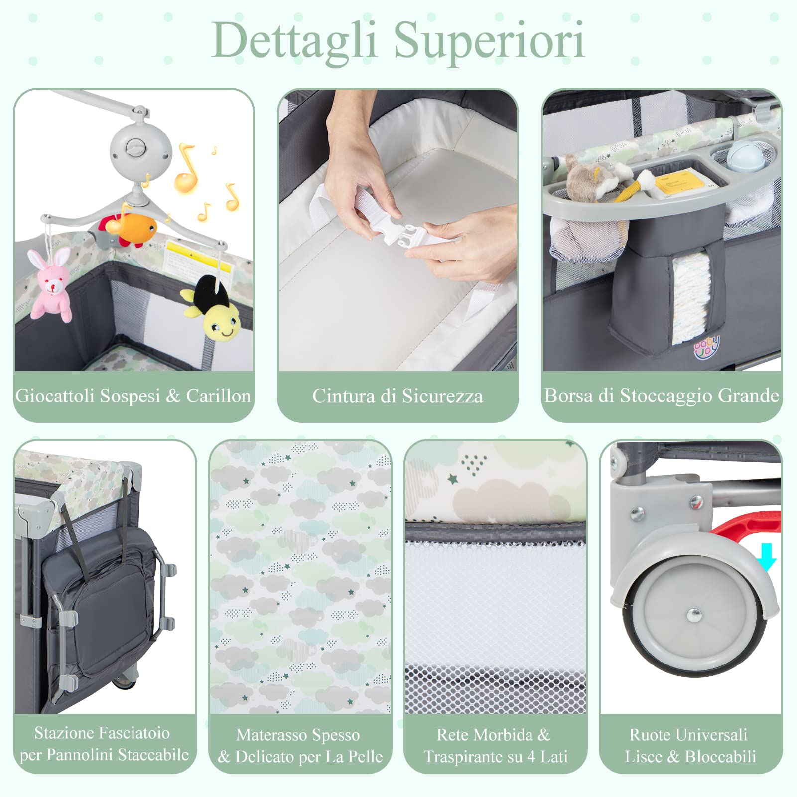 RELAX4LIFE 4 in 1 Culla con Fasciatoio e Cingia Fissagio, Adatto a Neonato da 0 a 36 Mesi (Grigio Scuro)
