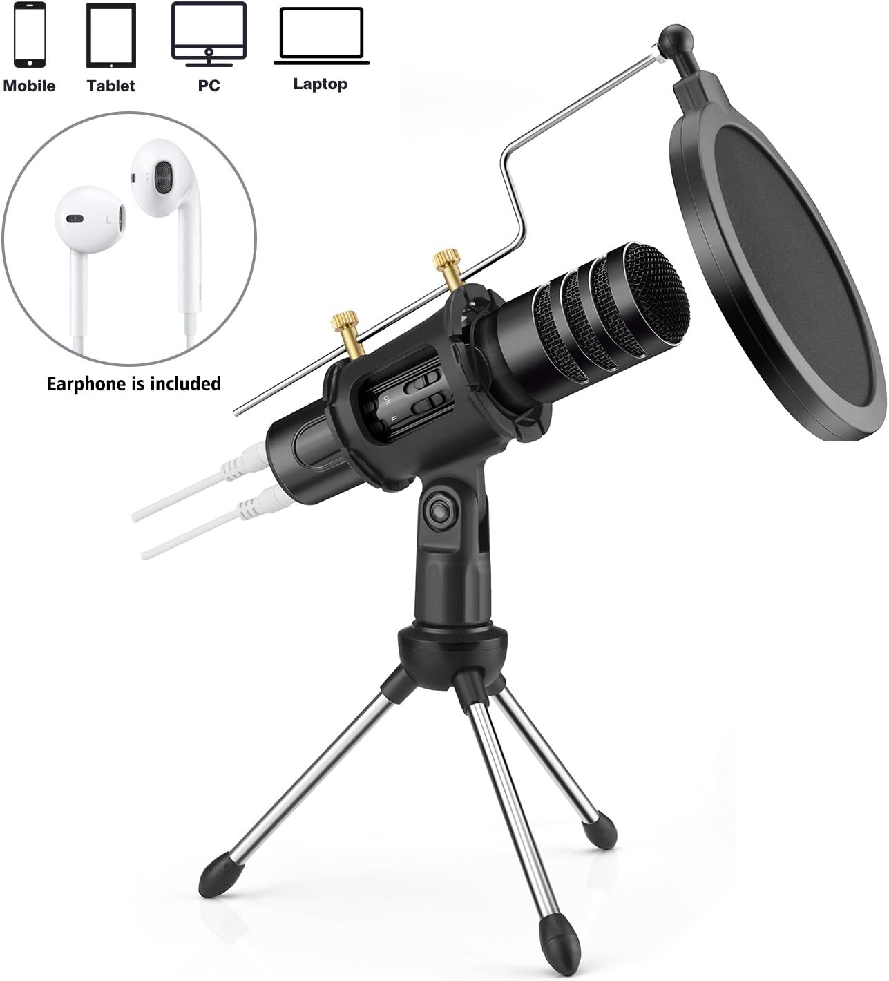 Professional Condenser Microphone for iPhone Android Phone Recording Echo Karaoke Singing Built-in Sound Card MIC Computer PC Microphones with MIC Stand (M20-Black)