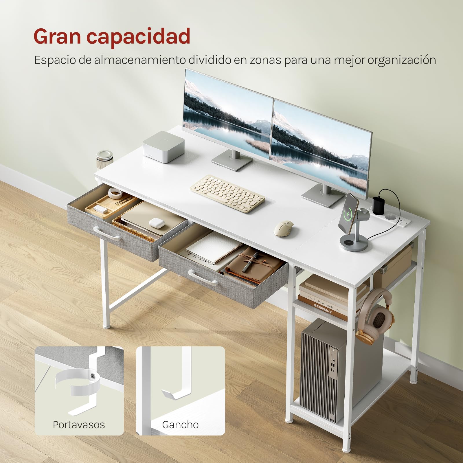 WOLTU Mesa Escritorio con 2 Cajones y 2 Estanterías, Puerto USB Tipo C y Estación de Carga, Portavasos y Gancho, para Estudio y Oficina, 120x51x75 cm, Blanco