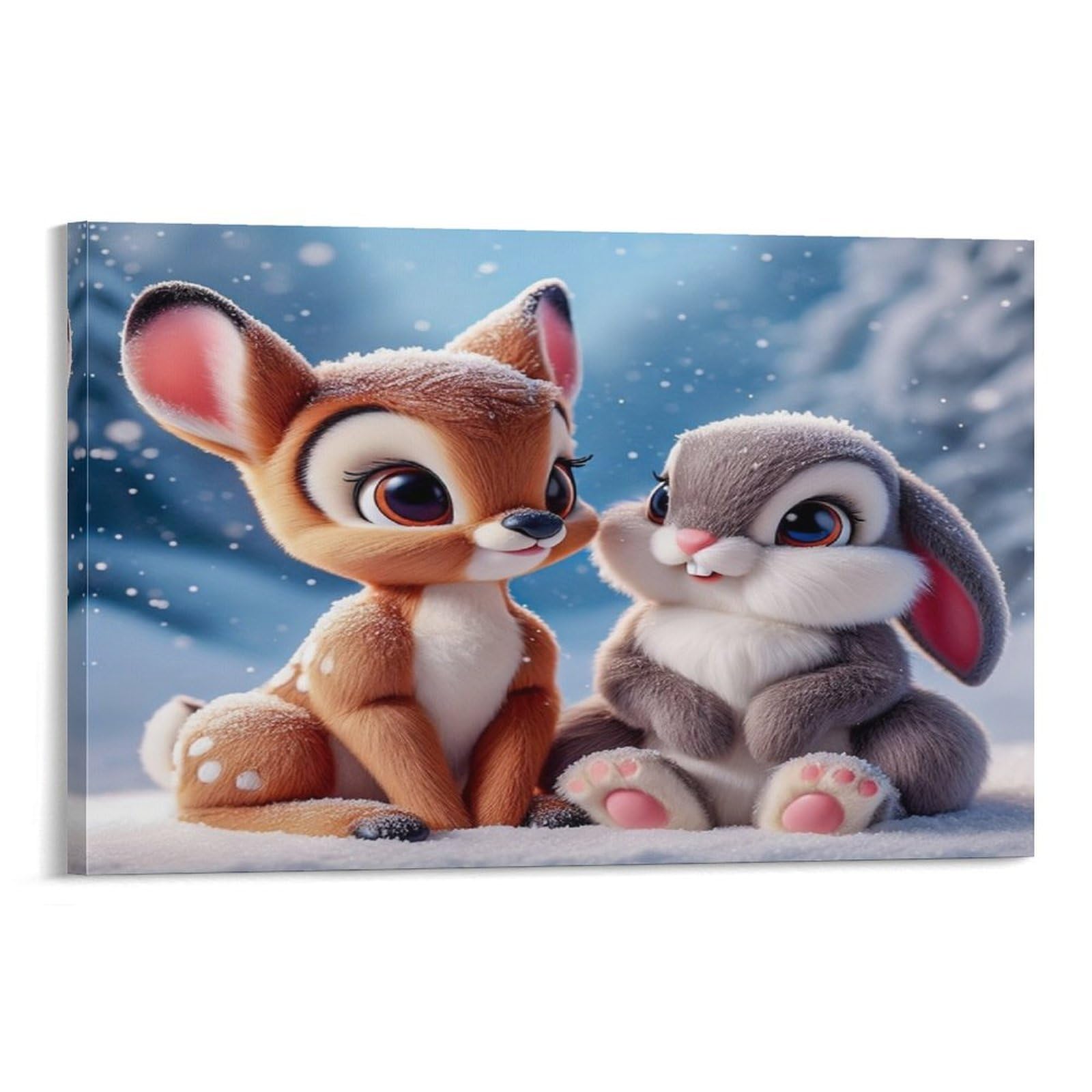 CPLVKWRQJ Cute Deer Rabbit Snow Individual Fawn And Bunny Snowy Winter Scene Canvas Print - Office Wall Art Fade Resistant Statement Piece Ready to Hang 08x12inch(20x30cm)